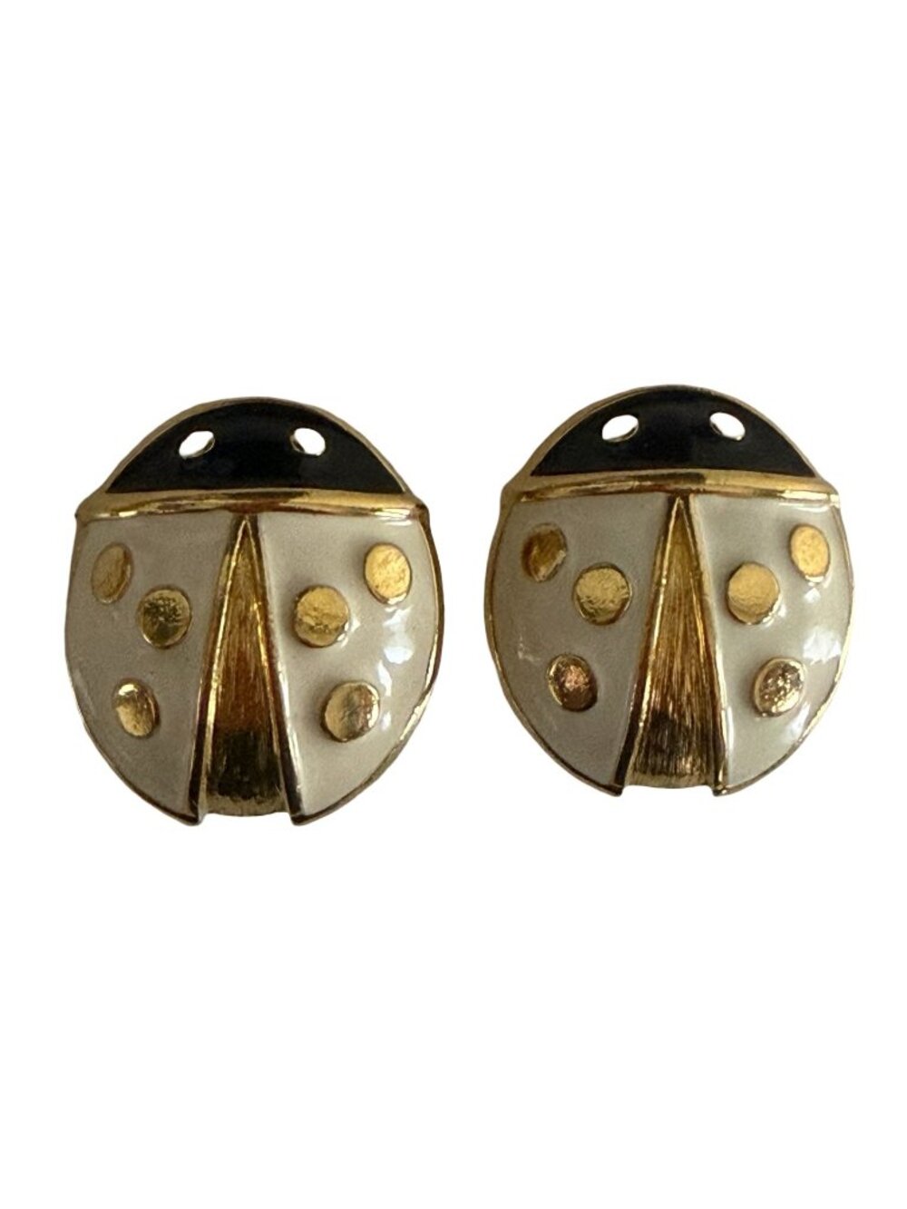 Vintage Ladybug Clip-On Earrings White Enamel Black Gold Tone Pair